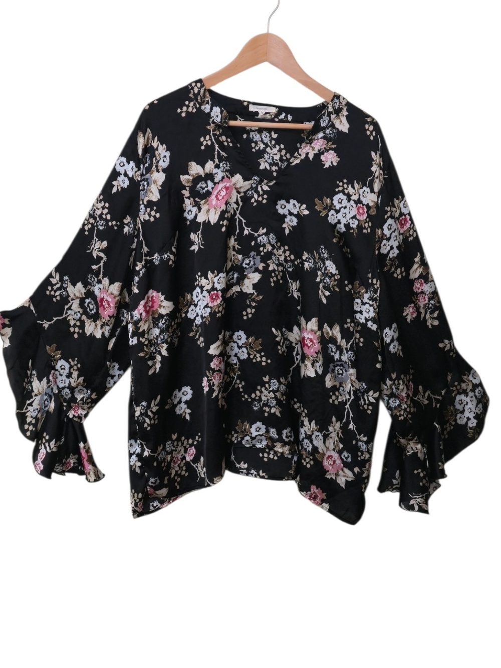 Maurices Black Floral Sheer Blouse V-Neck Ruffle Bell Sleeves 3XL Office Flowy